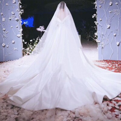 Foto real blanca/Marfil dos capas velo De novia 3,5 m Borde De cinta Mantilla velo De novia accesorios De novia Veu De Noiva