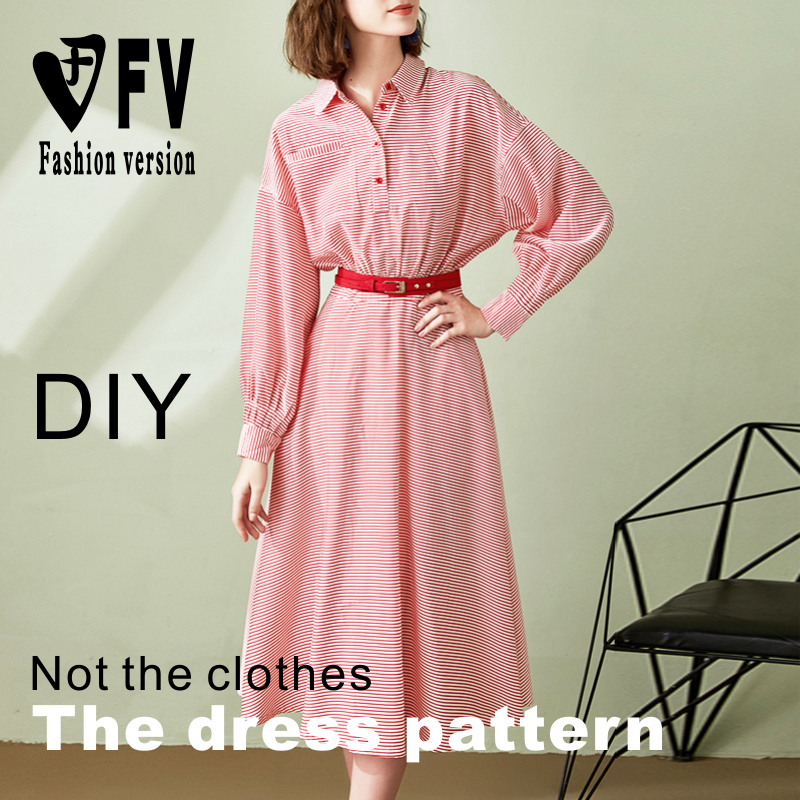 Long sleeve striped women's skirt pattern sewing drawing 1:1 dress pattern BLQ-522