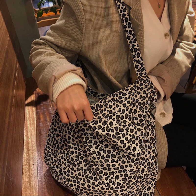 Grote Capaciteit Vrouwen Eco Herbruikbare Boodschappentas Luipaard Patroon Dames Canvas Schoudertassen Student Meisjes School Tote Handtassen