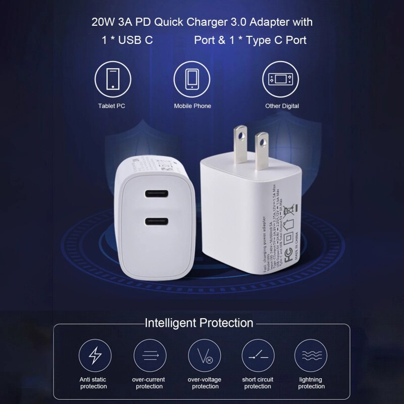 Ładowarka PD 20W + 20W type-c QC3.0 podwójny port ue/usa wtyczka szybkie ładowanie szybkie ładowanie adapter dla iPhone13 12 11 Samsung xiaomi