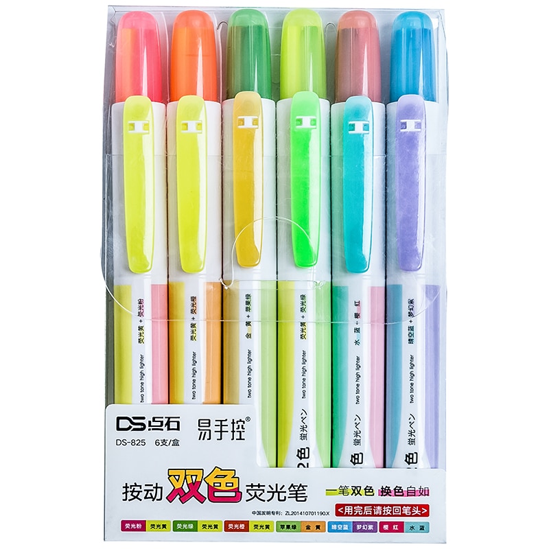 Andstal-Juego de 6 subrayadores recargables de doble punta, set de 6 unidades por lote, marcador escolar fluorescente suave