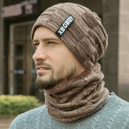 HT2678 Mannen Gebreide Muts Dikke Warme Fleece Gevoerde Mannen Hoed Sjaal Set Herfst Winter Winddicht Beanie Muts En Sjaal Winter accessoires: Khaki