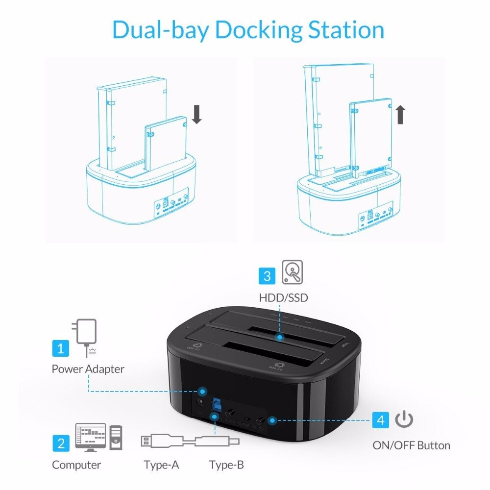 ORICO 6228US3 C Dual Bay HDD Docking Station with Offline Clone SATA to USB 3.0 External Hard Drive Docking for 3.5/2.5 HDD SSD