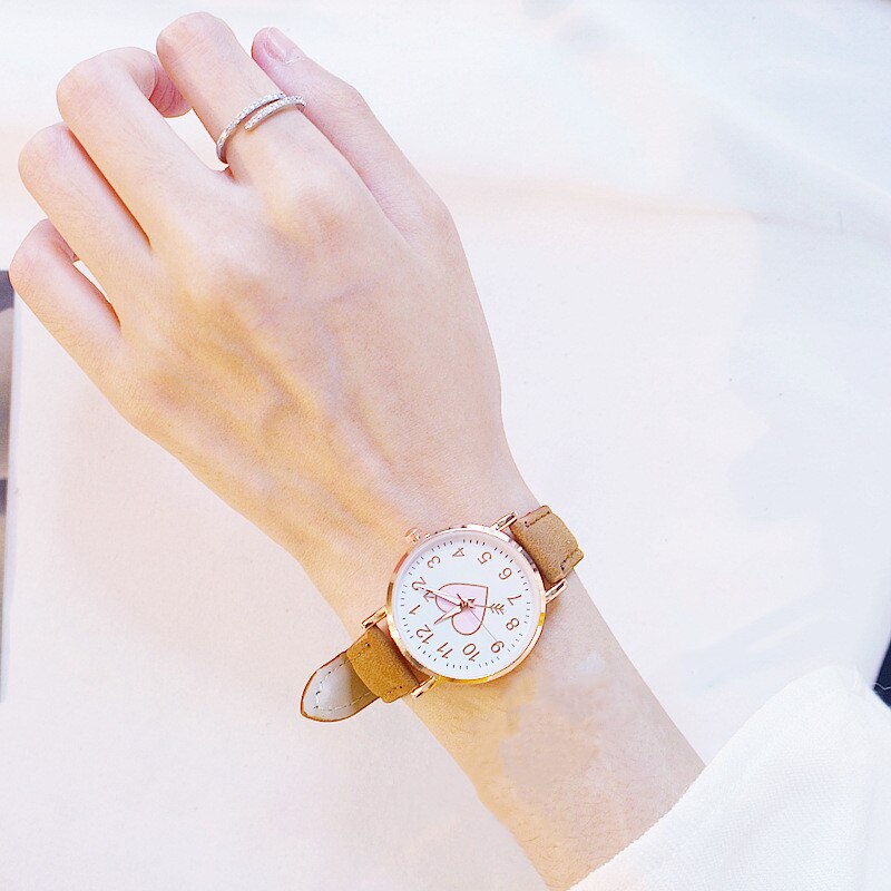 Cute Women Watches Casual Leather Strap Bracelet Lovely Girl Wrist Watch Pink Heart Shape Clocks Relogio Feminino: brown