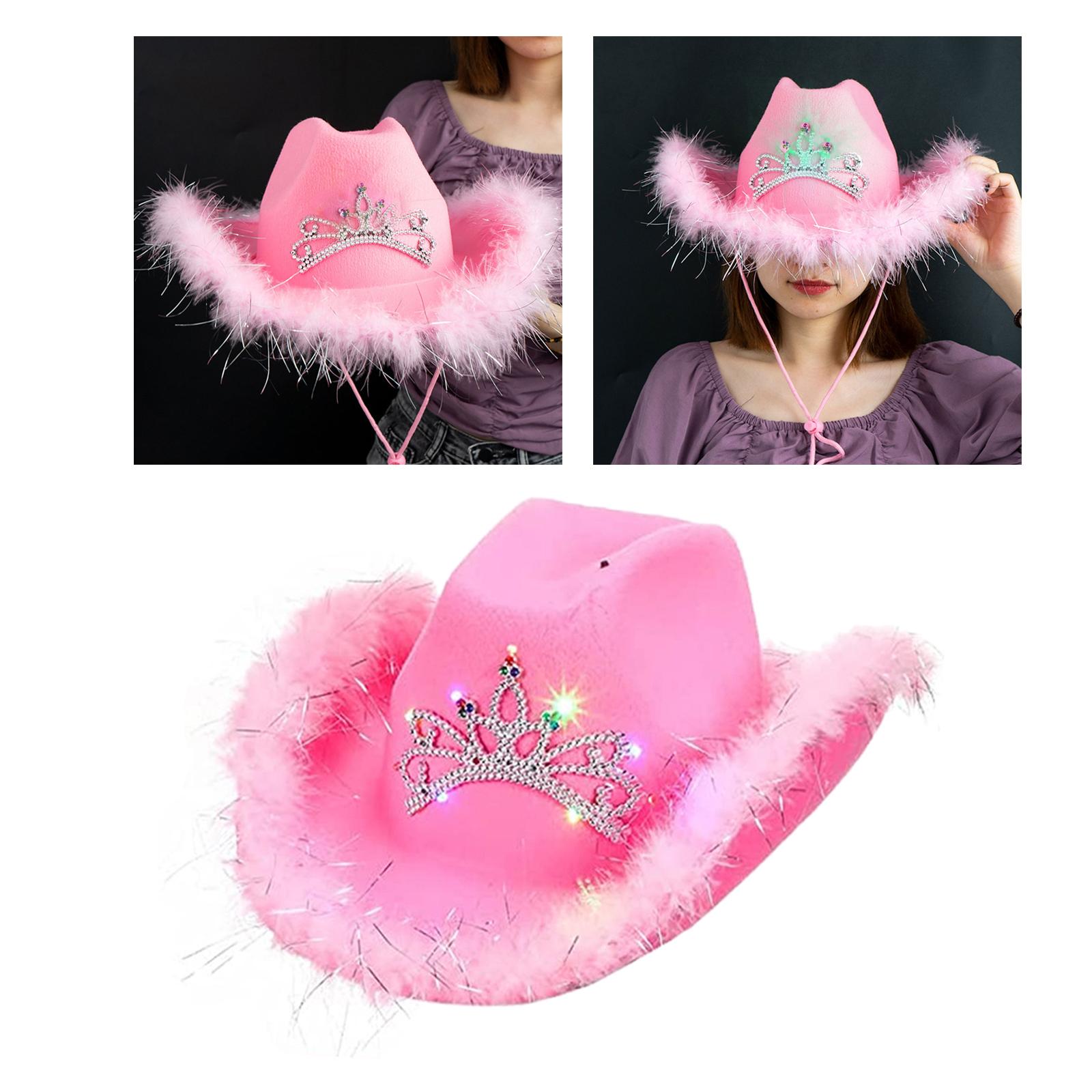 Sombrero de vaquero rosa de estilo occidental para mujer, sombrero de ala ancha deformado con decoración de lentejuelas, corona, Tiara, vaquera: Sequin brim