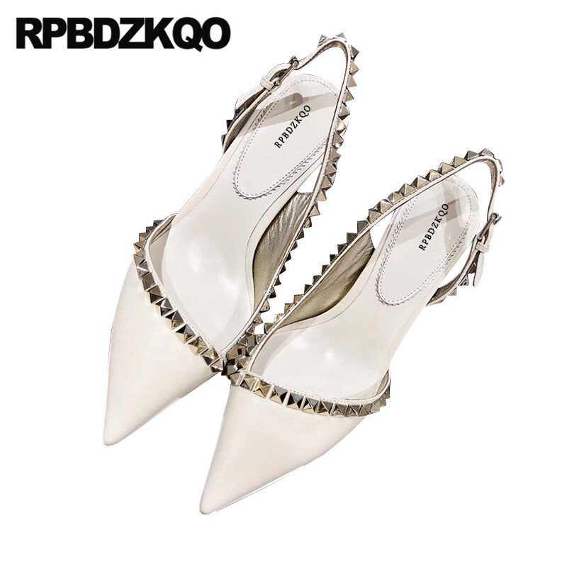 Pumps spetsad tå dam beige höga klackar märkesskor dam stud metall storlek 4 34 nit slingback tunn 3 tum