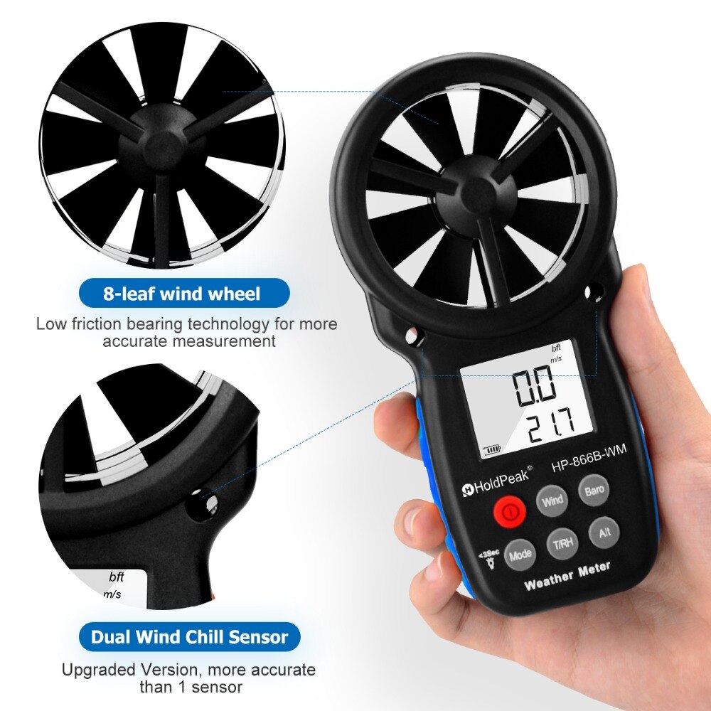 Anemómetro HoldPeak HP-866B-WM, medidor de velocidad del viento, Sensor Digital, taza, anemómetro de 30 m/s, LCD, herramienta de medición manual de humedad del aire