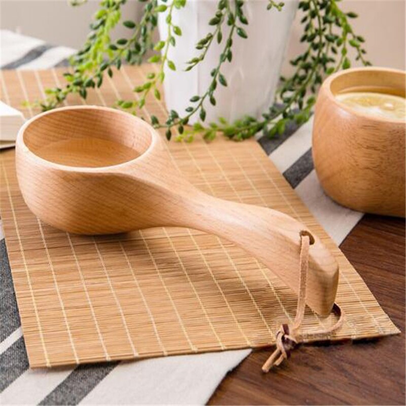 Short Handle Solid Wood Scoop Japanese-style Rice Kitchen Water Spoon Bath Sauna Wooden Bucket Spoon