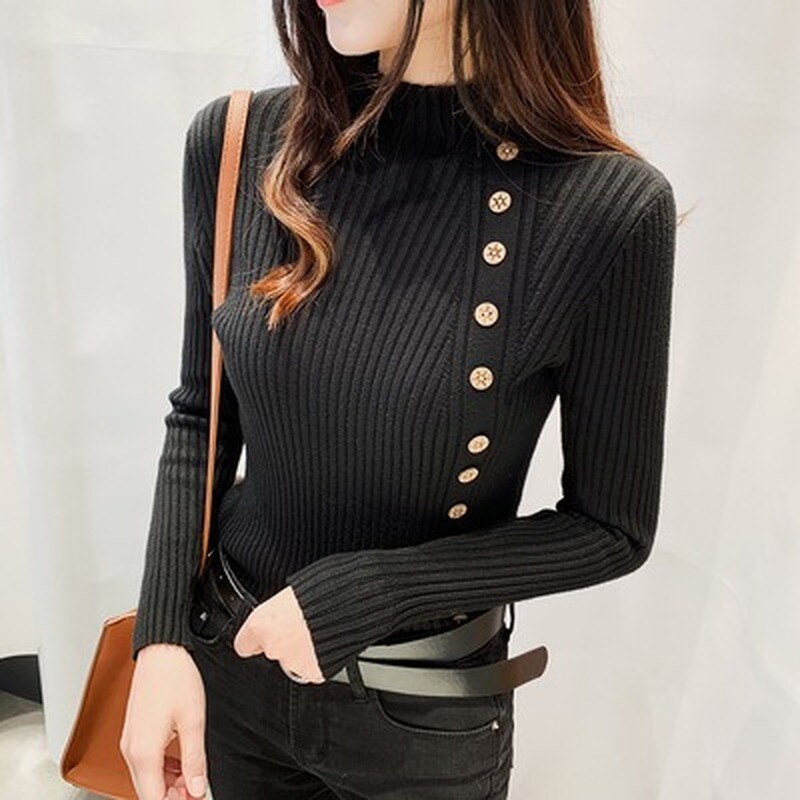 Autumn Ribbed Button Women Sweater Pullovers Cotton Long Sleeve Turtleneck Pullovers Jumpers Spring Soft Comfortable Basic Tops