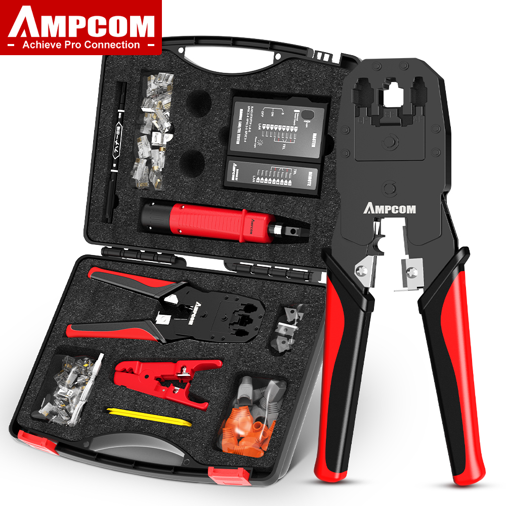 AMPCOM RJ45 Crimper Lan Tester Tool Set Ethernet Cable Stripper Punch Down Tool rj 45 rj11 Connectors 12 in 1 Cabling Repair Set: Beige
