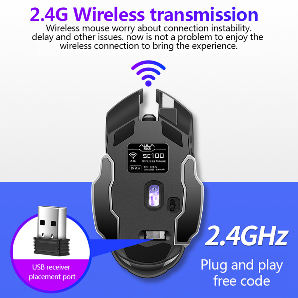 Aula Sc100 Wireless Silent Gaming Maus wiederauf ladbar 1600 dpi 7 Tasten ergonomische optische USB Mute Maus für PC Laptop Desktop