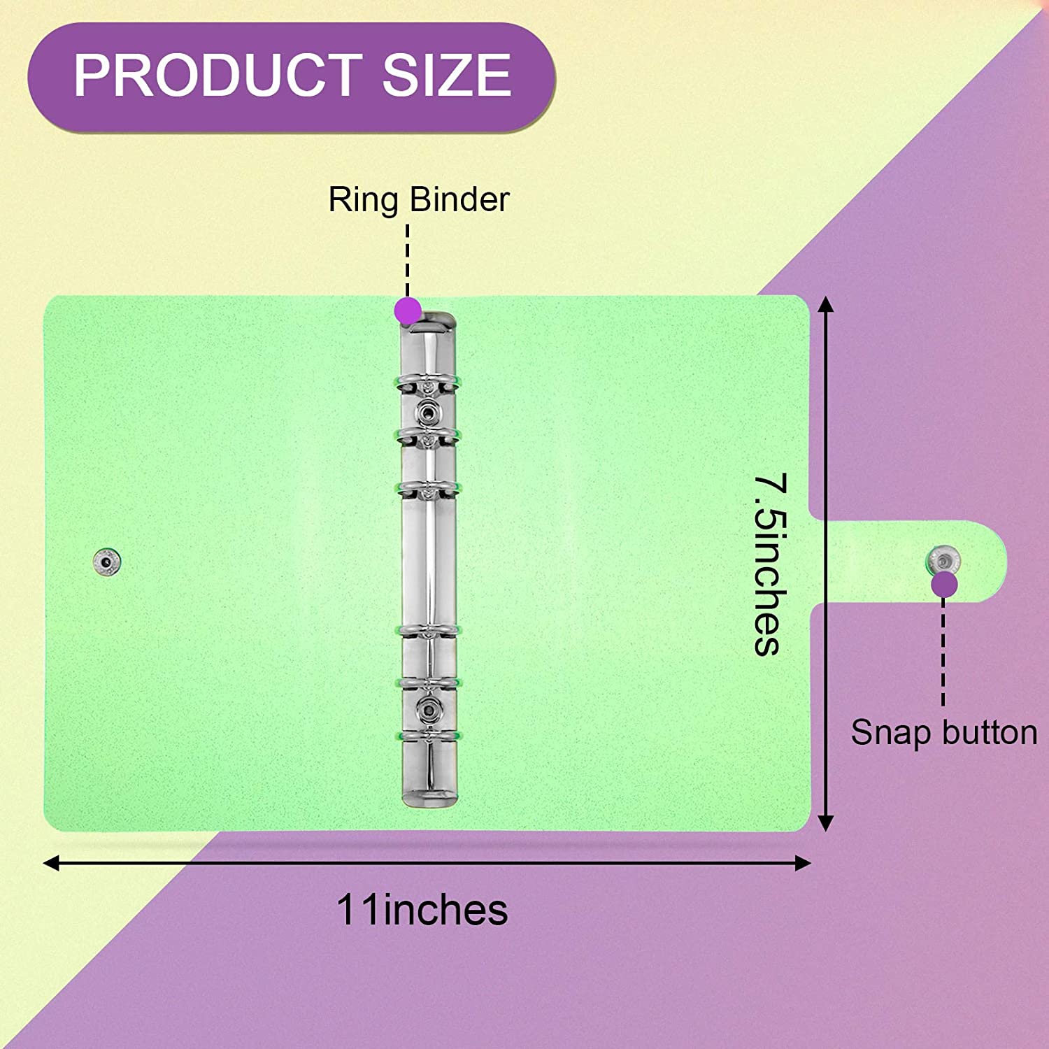 A6 soft PVC 6-ring binder cover with flashing transparent notebook zipper bag loose-leaf core book with snap button close binder
