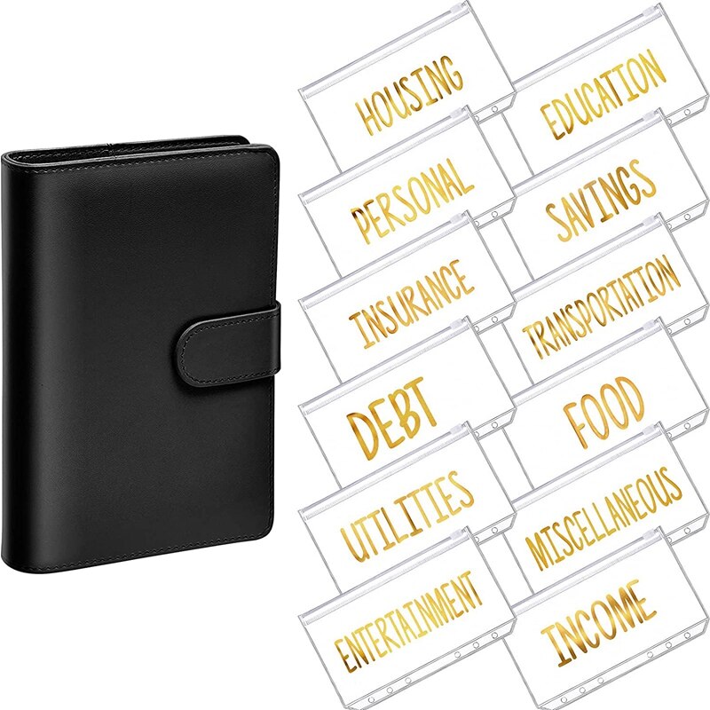 A6 PU Binder Planner Budget Organizer Round Ring Binder Cover Magnetic Personal Planner Binder with 12 Binder Pocket: black