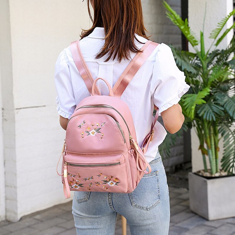 Litthing Waterproof Nylon Women Backpack Zipper Oxford School Bags For Girls Flower Embroidered Backpack Female Rucksack