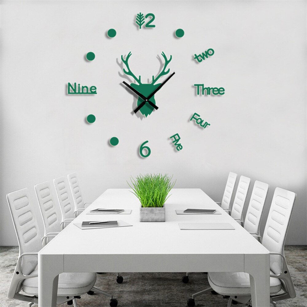 3D Acrylic Digital Deer Wall Clock Roman Numerals Large Round Wall Clock DIY Self Adhesive Living Room Clocks Stickers: Mirror Green / M