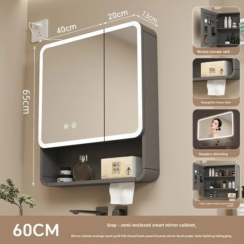 LED Bathroom Mirror Cabinet Anti Fog Wall Mounted Storage Mirror Carbon Fiber Rounded Corner Makeup Mirror: Gold