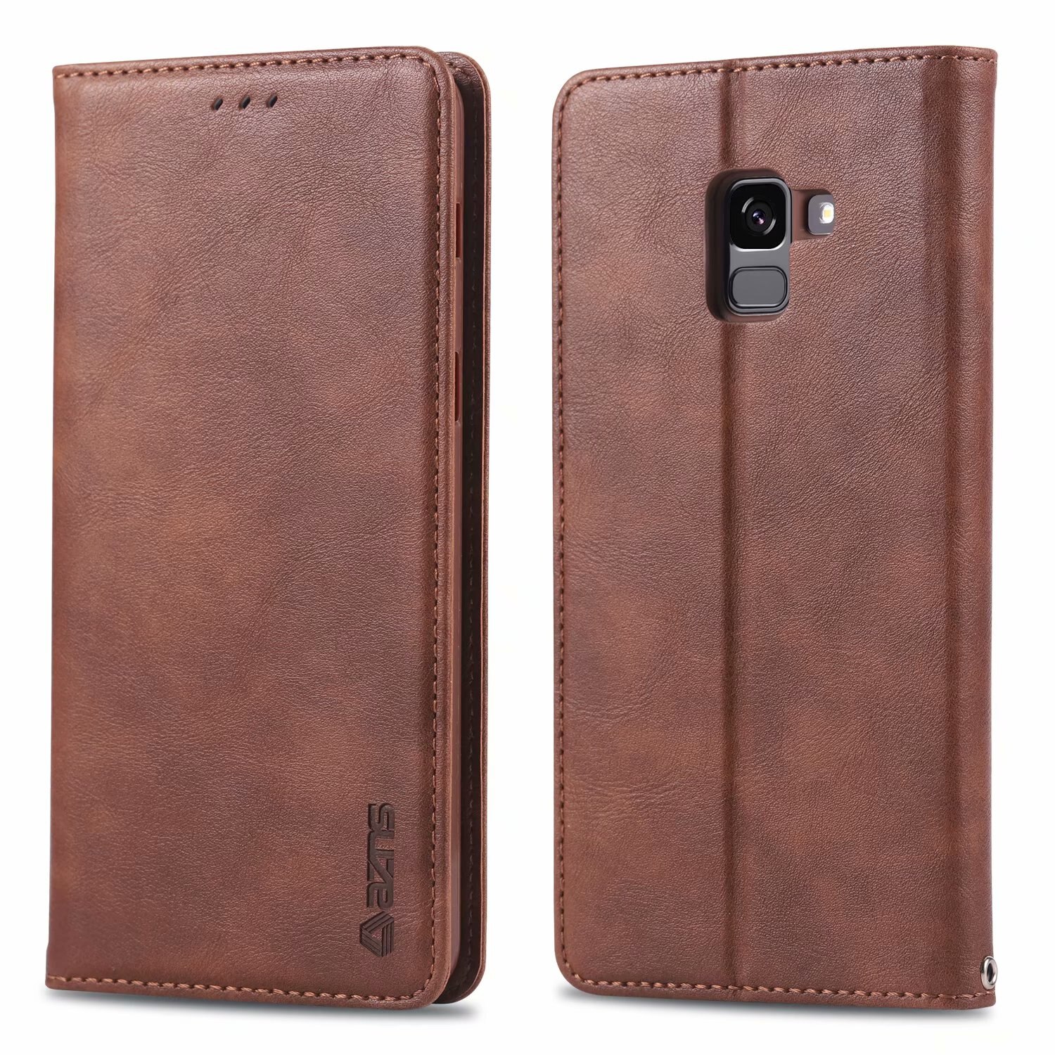 AZNS Case for Samsung Galaxy A8 + Plus A730F / A8 A530F PU Leather Card Holder Wallet Case magnetic attraction: A8 Plus 2018 A730F / FGW Brown / Case add Glass Film