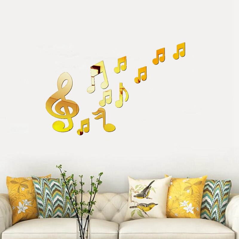 3D Musical Notes Acrylic Mirrors Wall Stickers Home Decor Living Room Decoration Wall Decoration Art DIY Sticker Decals: Gold