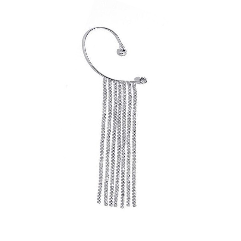 FLASHBUY singolo nuovo coreano orecchini di strass lungo lucido nappa esagerata orecchio appeso orecchini a Clip per le donne gioielli da sposa: Silver-Right ear