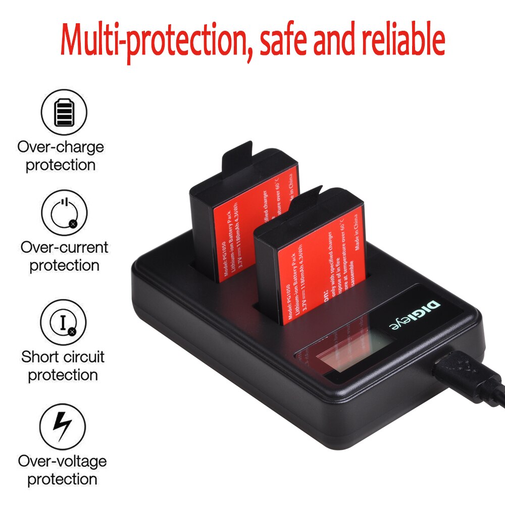 3Pcs 1180Mah PG1050 Oplaadbare Batterij + Lcd Dual Charger Voor 4K Action Camera Akaso EK7000 Eken H9R sjcam SJ4000 Dbpower