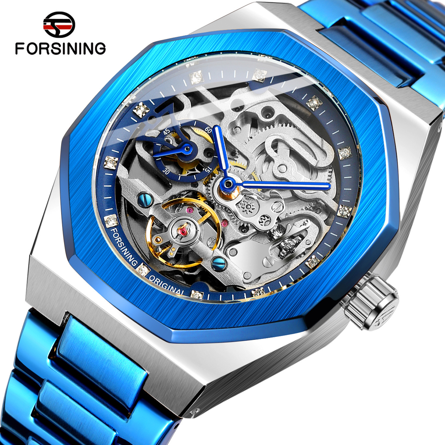 Forsining Automatic Mechanical Watch Luminous Three Eyes Six Needles Skeleton Top Brand Luxury Male Wrist Watch Wrist Clock: blue