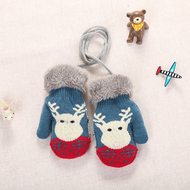 Guanti di lana in pile invernale alce carino di natale più guanti in velluto ispessimento a prova di freddo e guanti caldi per bambini 0-3 anni: Blue