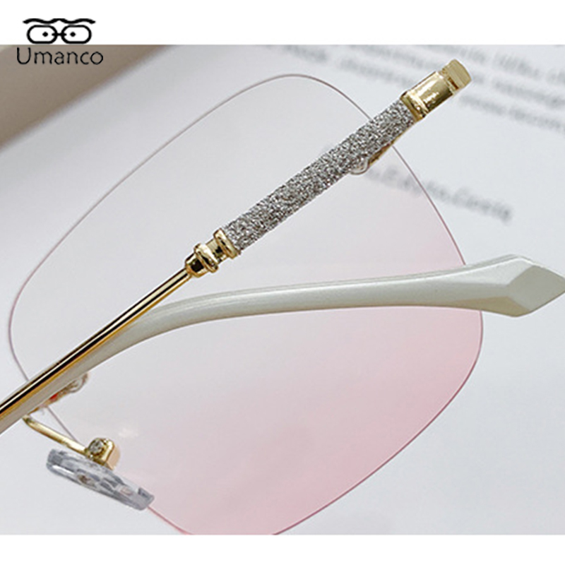 Lenti rosa sfumate Occhiali miopi senza montatura quadrati Occhiali da donna con montatura in oro Occhiali da computer anti luce blu Occhiali da vista