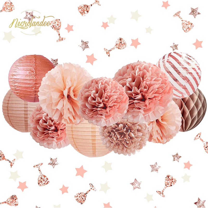 NICROLANDEE 12 Uds. Pompones de papel rosa dorado, decoraciones de para boda, despedida de soltera, Baby Shower