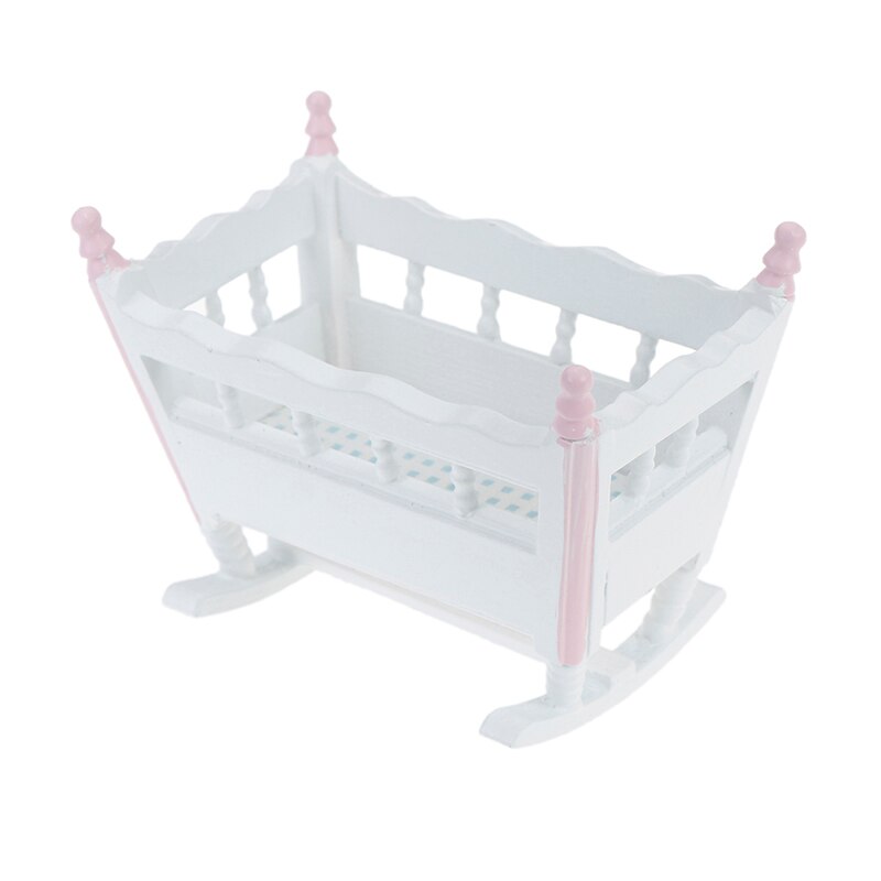 Meubels Witte Houten Cardle Baby Bed Kinderen Speelgoed Houten Kwekerij Wieg Baby Wieg 1:12 DollHouse Miniatuur Poppen