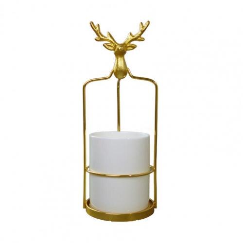 Maceta decorativa de cerámica resistente para jardín, marco de hierro con cabeza de ciervo, maceta para plantas: White S