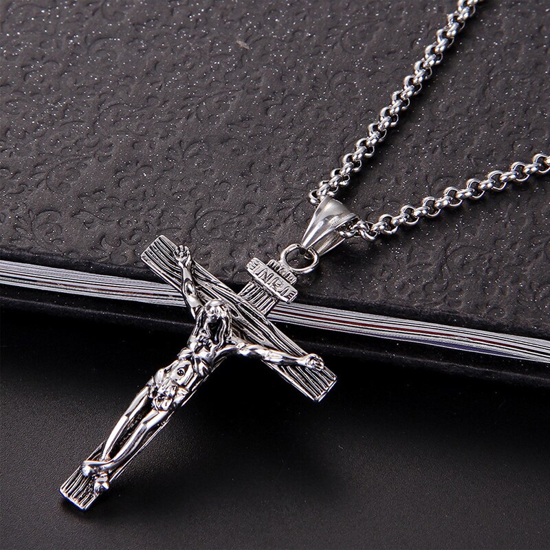 Men Chain Christian Jewelry Vintage Cross INRI Crucifix Jesus Piece Pendant & Necklace Gold Color Stainless Steel