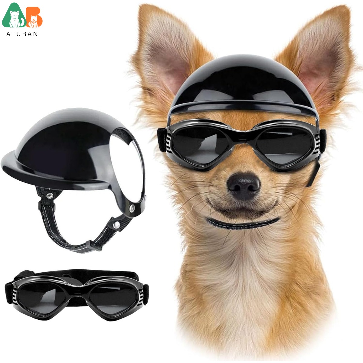 ATUBAN Cool Pet Motorcycle Helmet - Lightweight Goggles & Ear Holes , Stylish Protection for Small Dogs Riding & Driving: M / black