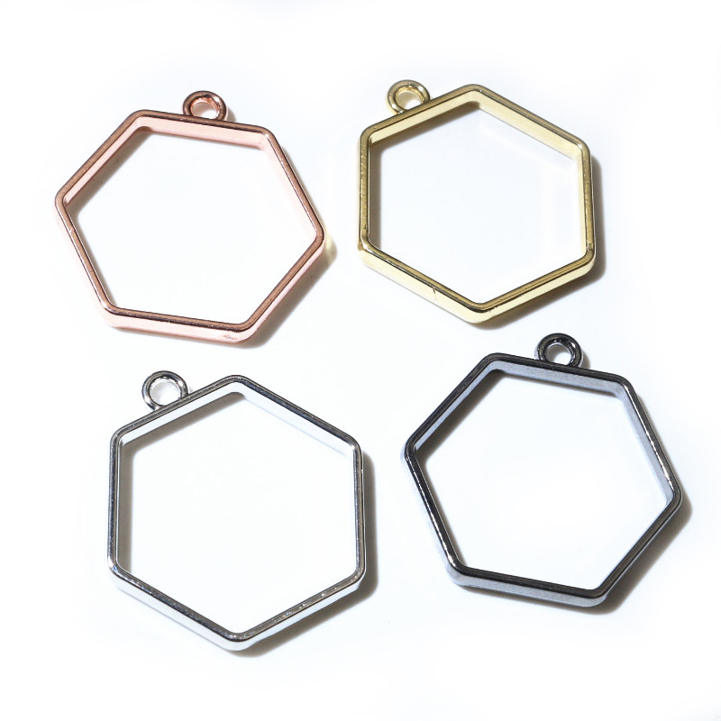 10 unidades, bandeja colgante de resina epoxi hexagonal de 29x28mm con marco metálico hueco de aleación de Zinc para accesorios de fabricación de joyas DIY