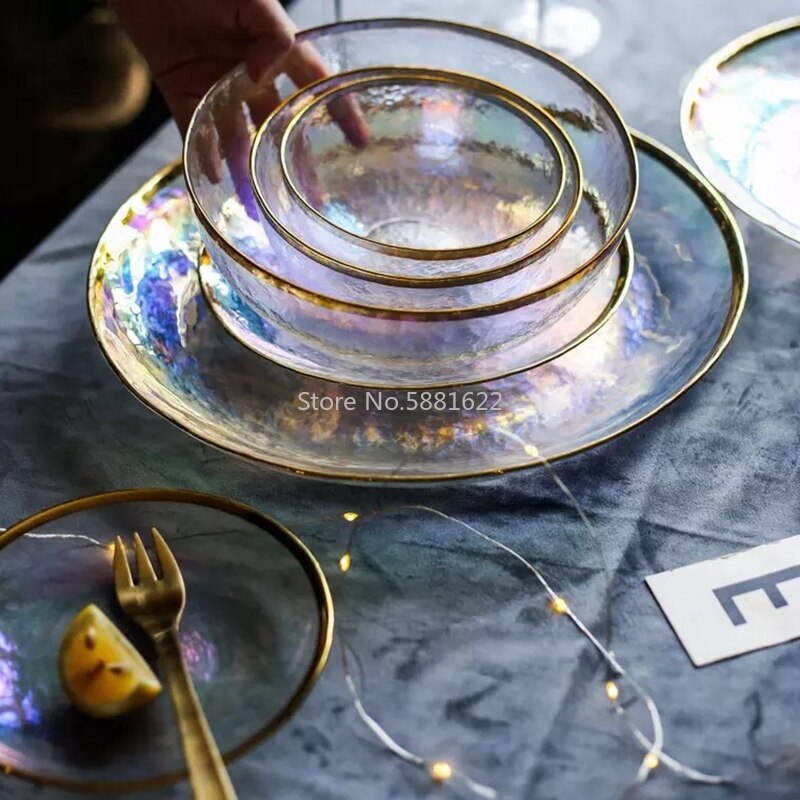Rainbow Glass Dinner Plates Food Plates Desset Plate Cake Dish Salad Bowl Fruit Bowls Food Storage Glassware Dinnerware