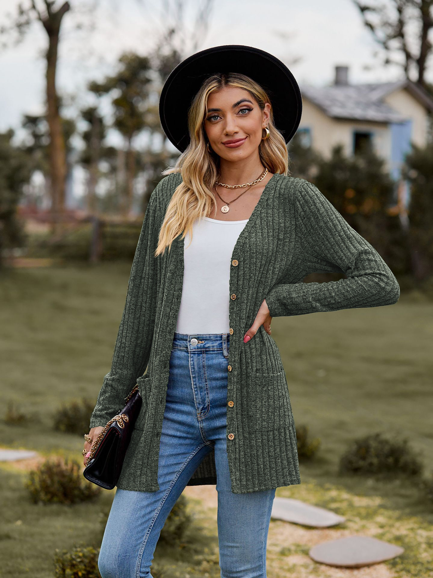 Abrigo de otoño de calle de versátil para citas Top a rayas de manga larga de Color sólido con botones para mujer: XL / Verde militar