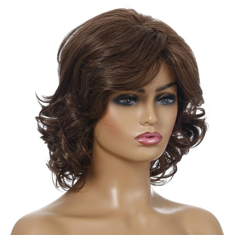 Ladies Short Brown Wavy Wig With Side Part Bangs Syhthetic Wig Nature Looking Daily Party Use For Women