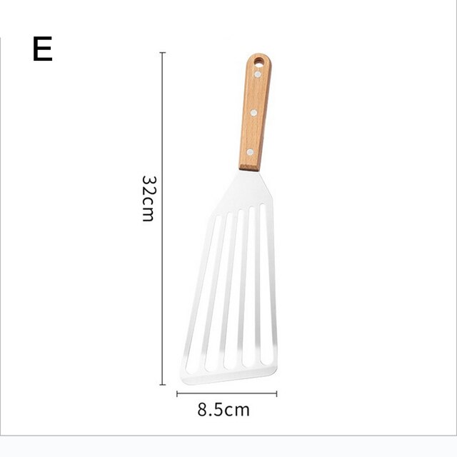 Multi-Purpose Cooking Stainless Steel Fish Spatula Metal Blade With Long Handle Fish Turner Utensils For Cooking Tools: Light wood handle-L