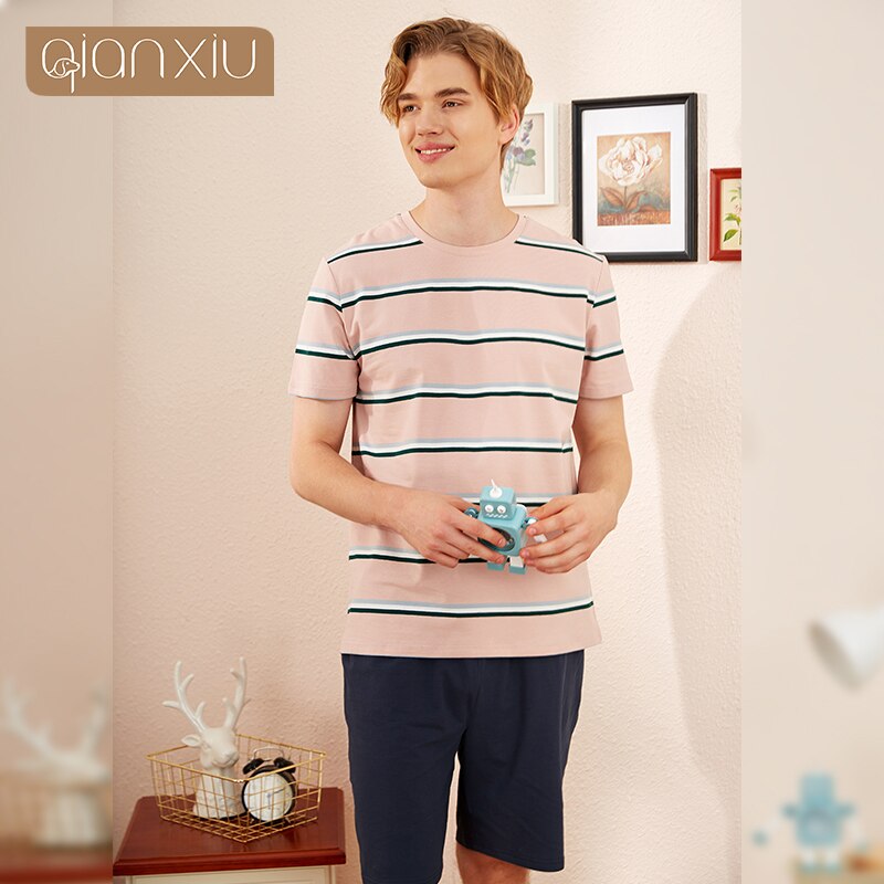 Men's knitted cotton short-sleeved pajamas QIAN XIU summer home leisure suit home wear pajamas 230: XL