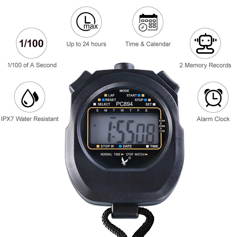 Single Row 2 Memories Stopwatch Sports Timer IPX7 Waterproof with Calendar Alarm Stopwatch with Time Date Display Digital