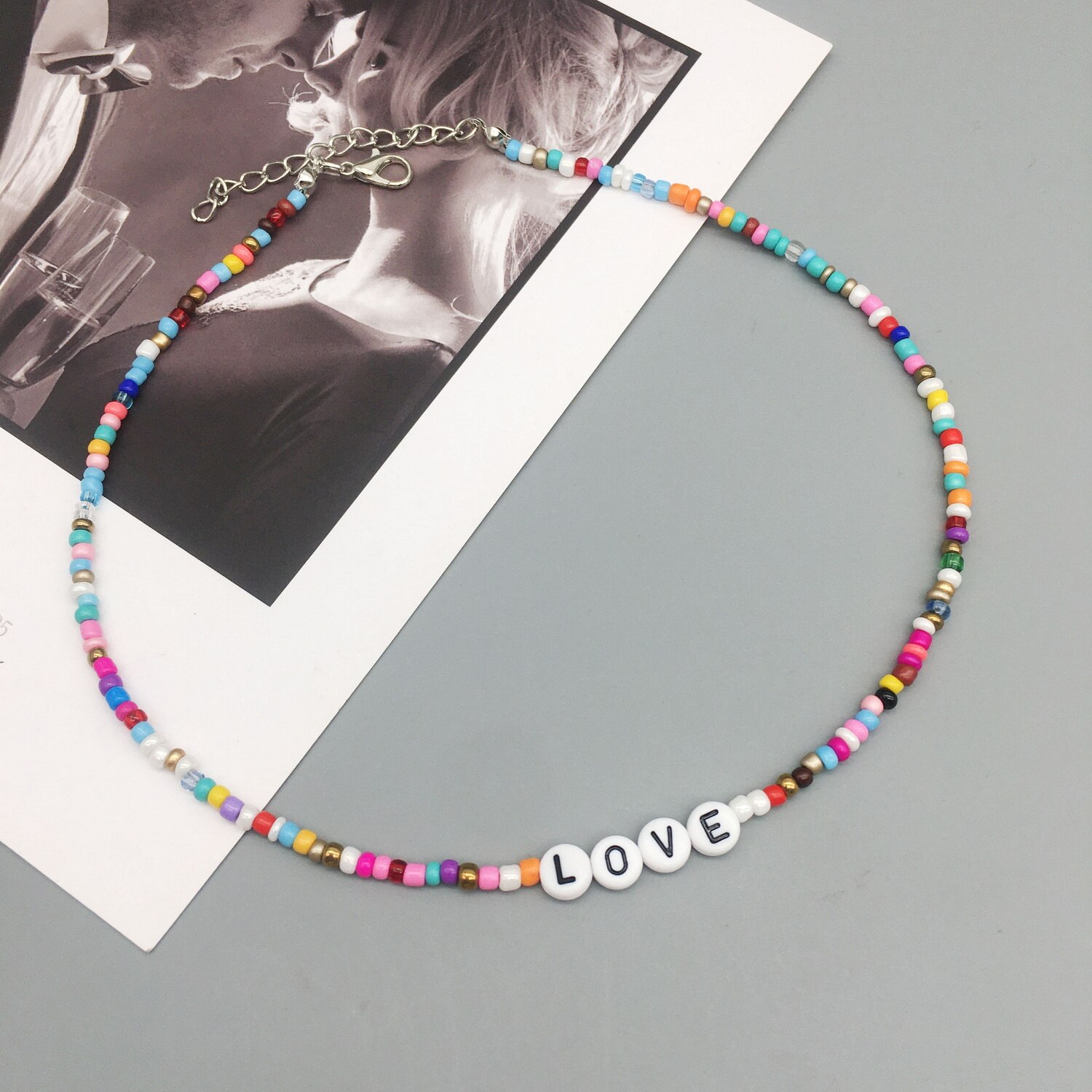 Boho Handmade Diy Seed Bead Necklace Letter Lucky Love Happy Choker Strand Chain Colorful Female Beach Collier Femme Jewelry: Love