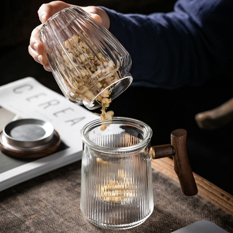 Tasse à thé en verre Borosilicate avec poignée en bois, avec couvercle, filtre, résistant à la chaleur, tasse à café, pour la cuisine et le bureau