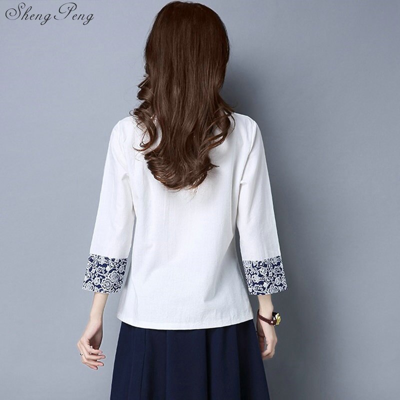 Camisas de lino y algodón de estilo chino vintage para mujer, blusa informal de uso diario con cuello redondo, bordado floral hanfu, V1810,