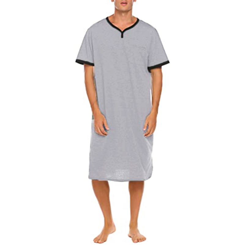 Pijamas de ocio alargados finos de manga corta para hombre, batas de algodón holgadas y amigables con la piel, albornoces para el hogar, camisón Vintage M-3XL: L / Gris