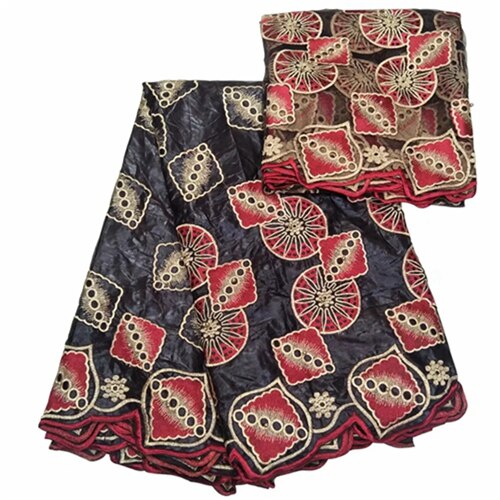tissu algodón bazin getzner jacquard brocado tela 5 + 2 yardas/lote francés encaje material africano gele headtie aso oke: Black-red