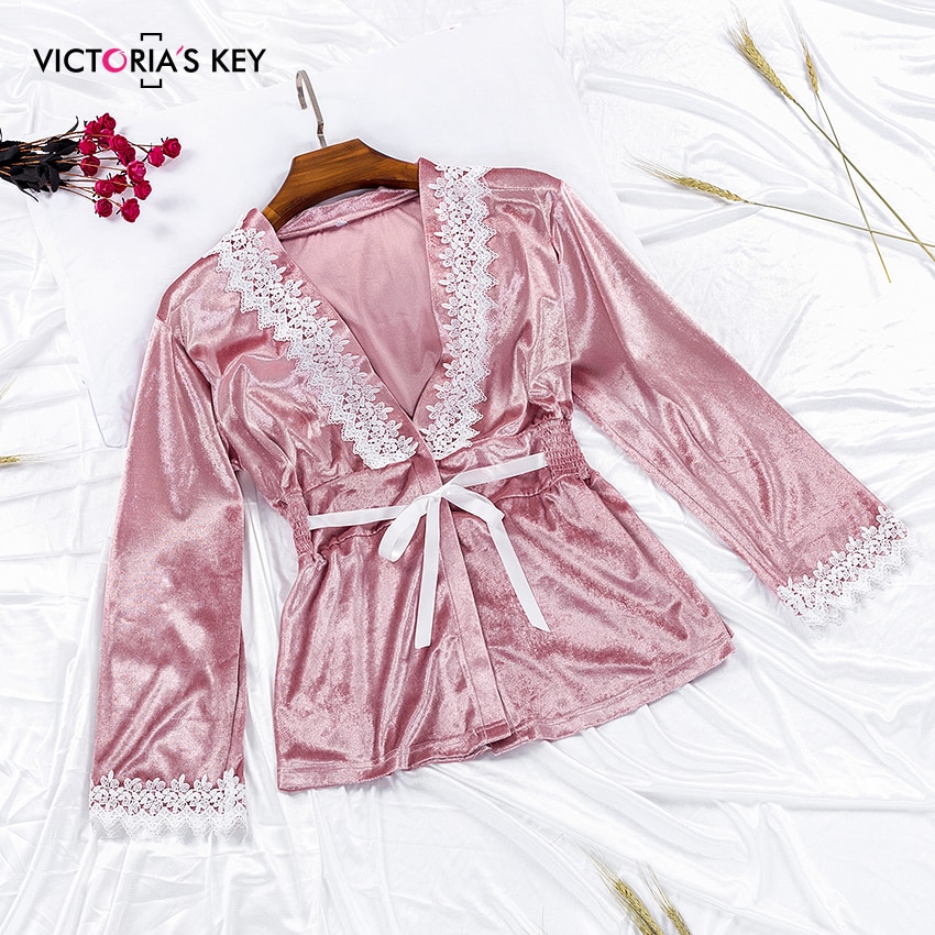 Túnica para mujer de terciopelo rosa clave de VICTORIA'S y conjuntos de vestidos de encaje Albornoz Cami y pantalones 4 piezas ropa de dormir Conjunto de pijama ropa de dormir femenina