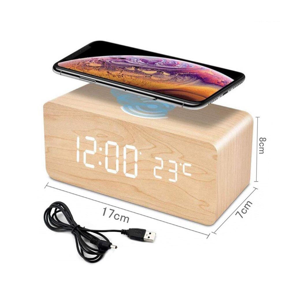 LED Electric Alarm Clock Wood Digital Desk Clock Thermometer Qi Wireless Charger Wireless Charging Pad Station With Date Display: Bamboo wood