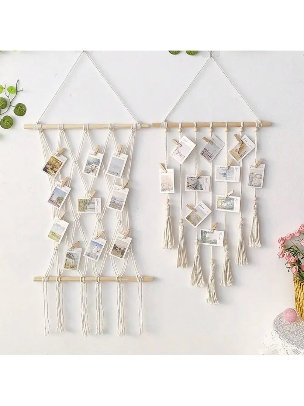 Bohemian Photo Wall Material Kit with 10 Clips, Tapestry Handmade Rope Photo Decoration Wall Hanging Birthday Graduation