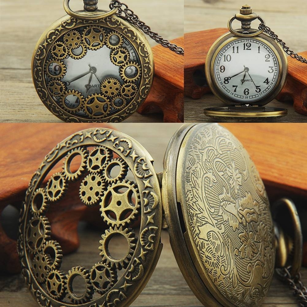Retro Pockets Horloge Hollow Gear Antieke Hanger Arabische Cijfers Quartz Analoog pockets horloge Vintage Bronze Steampunk