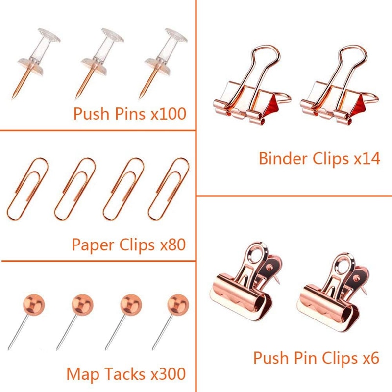 drücken-Stifte Bindemittel Clips Papier Clips Karte Reißnägel setzt, 5 Arten 500 Stck Rose Gold Pack für Büro, schule und Hause Liefert