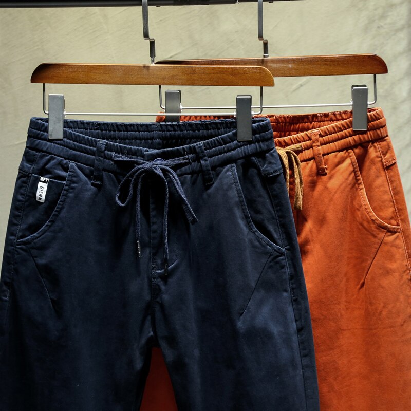 Höst dragsko elastisk midja män harem byxa marinblå orange byxor fötter fritidsbyxa hip hop cargo byxor streetwear